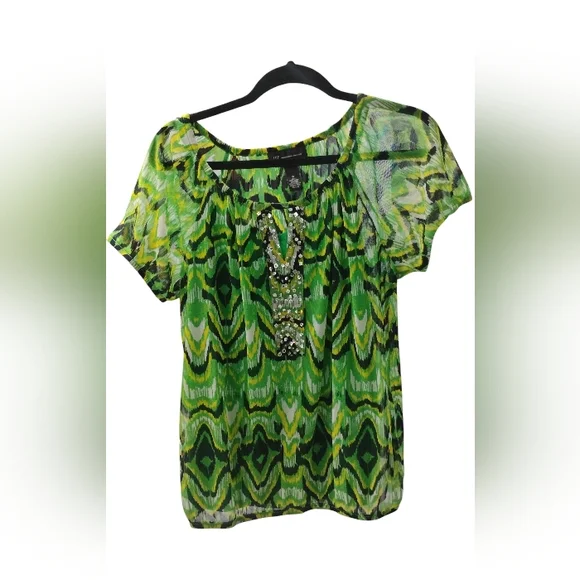 INC Green W Gem Stone Center Cap Sleeve Holiday Blouse SZ M - Picture 2 of 5